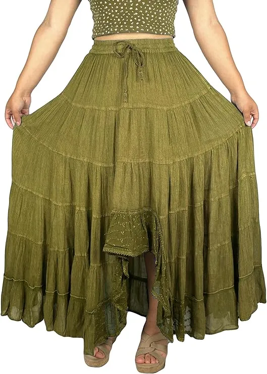 18 6028 SKT Boho Medieval Crepe Tier Elastic Waistband Front Open Long Skirt Maxi