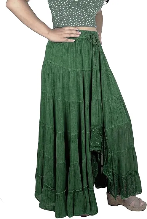 18 6028 SKT Boho Medieval Crepe Tier Elastic Waistband Front Open Long Skirt Maxi