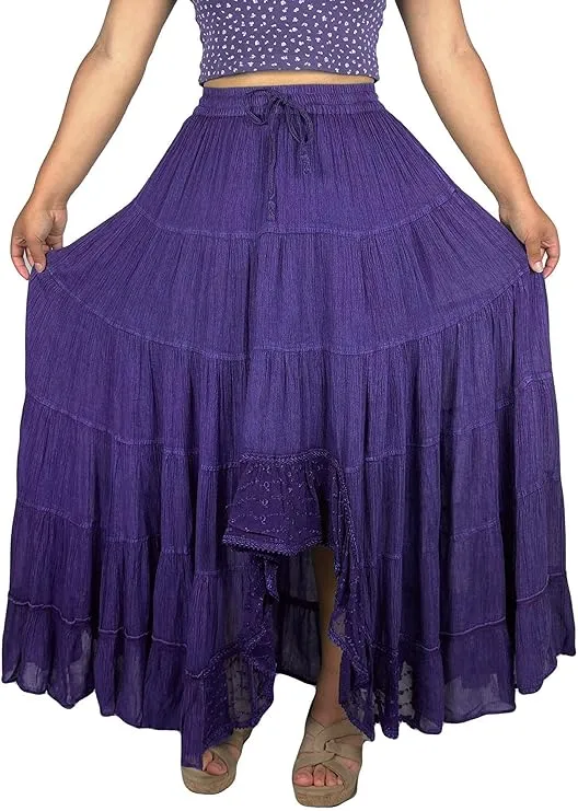 18 6028 SKT Boho Medieval Crepe Tier Elastic Waistband Front Open Long Skirt Maxi