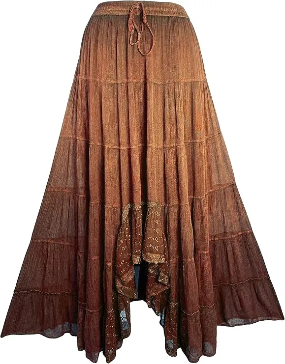 18 6028 SKT Boho Medieval Crepe Tier Elastic Waistband Front Open Long Skirt Maxi