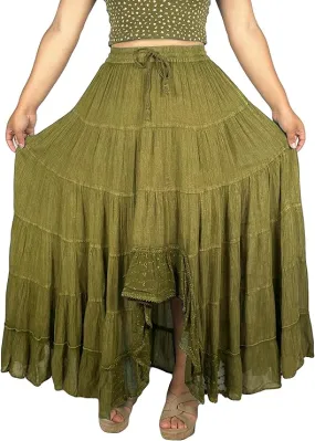 18 6028 SKT Boho Medieval Crepe Tier Elastic Waistband Front Open Long Skirt Maxi