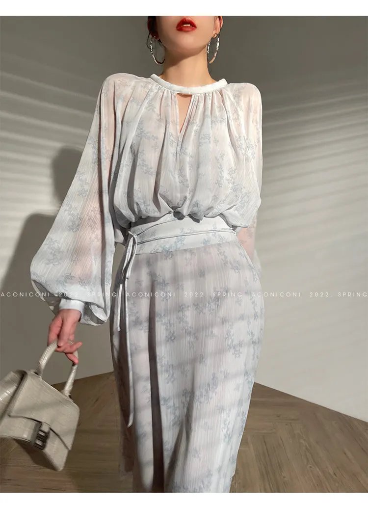 Aconiconi｜Light Cloud Creamy Gentle French 2 Piece Tops and Skirts suit - Cloud