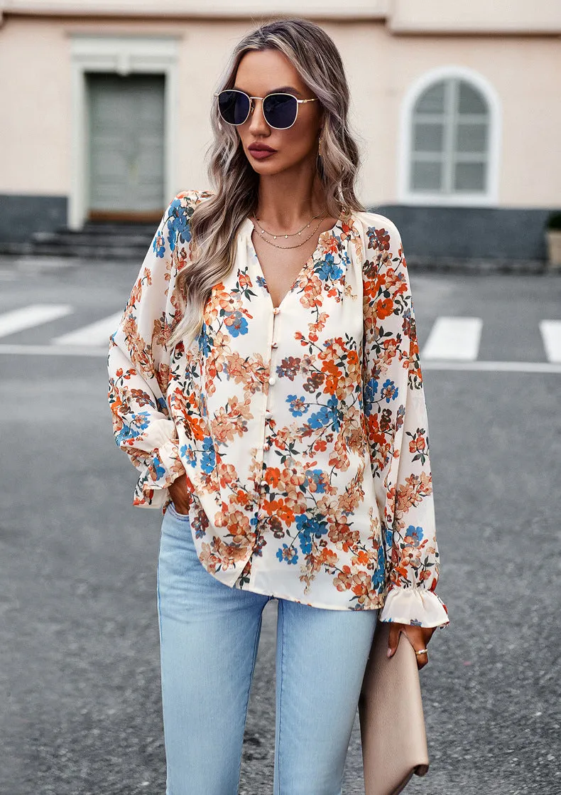 Apricot Floral Print V-Neck Long-Sleeved Loose Shirt Top