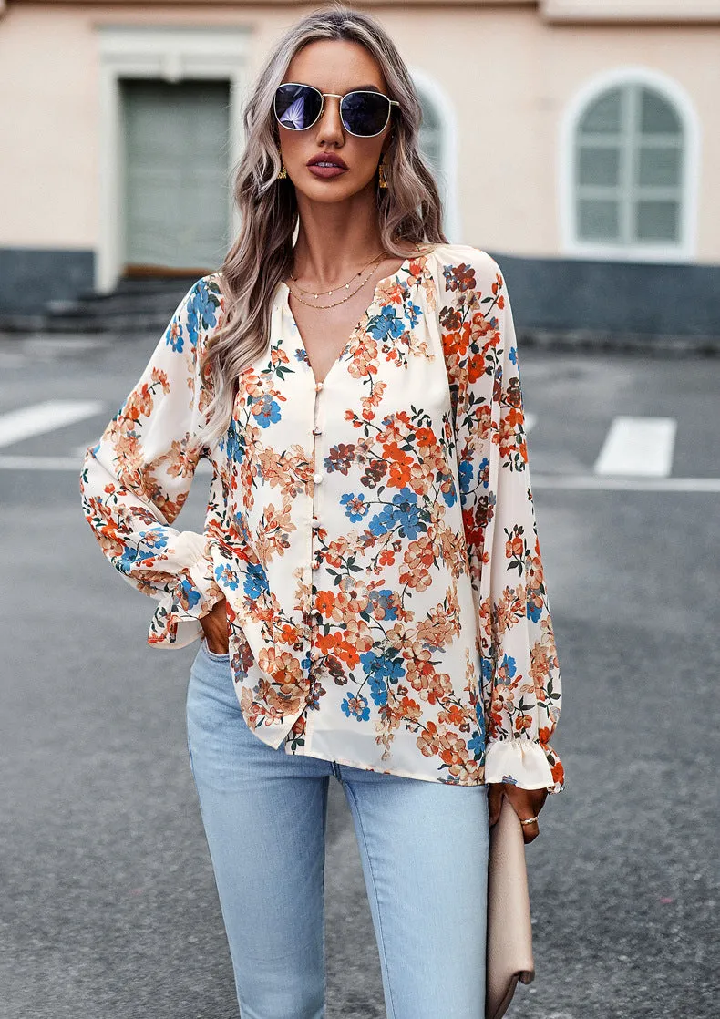Apricot Floral Print V-Neck Long-Sleeved Loose Shirt Top