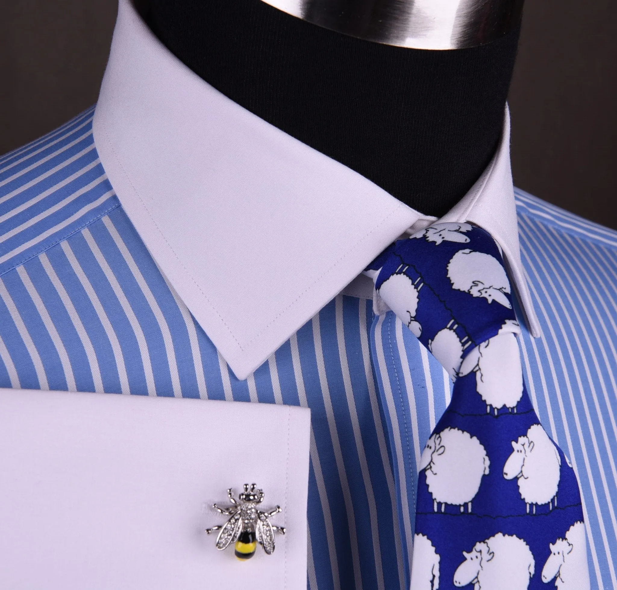 Blue Striped Dress Shirt White Collar in Formal Business French Cuff