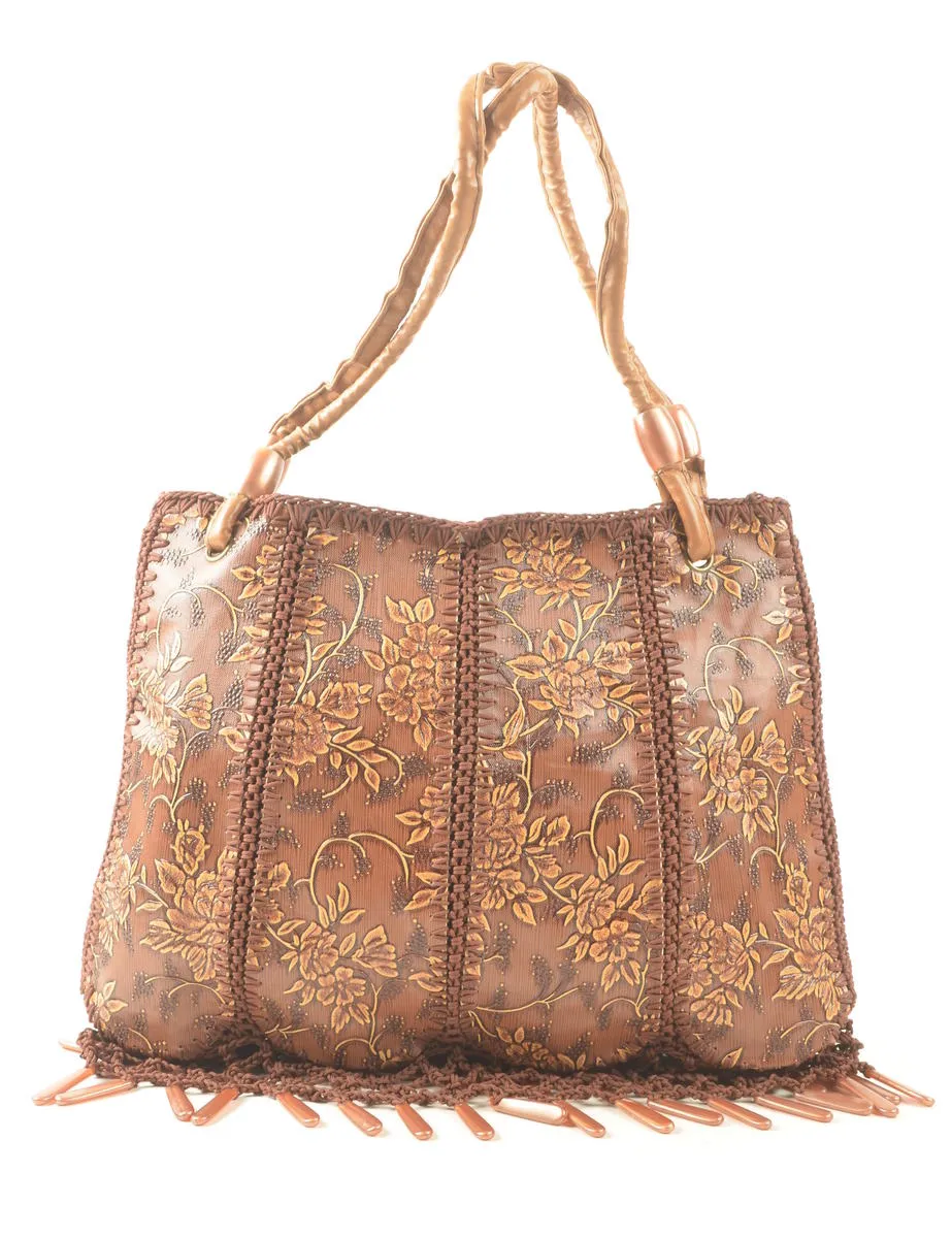 Brown Floral Design Fringed Leather Handbag - S
