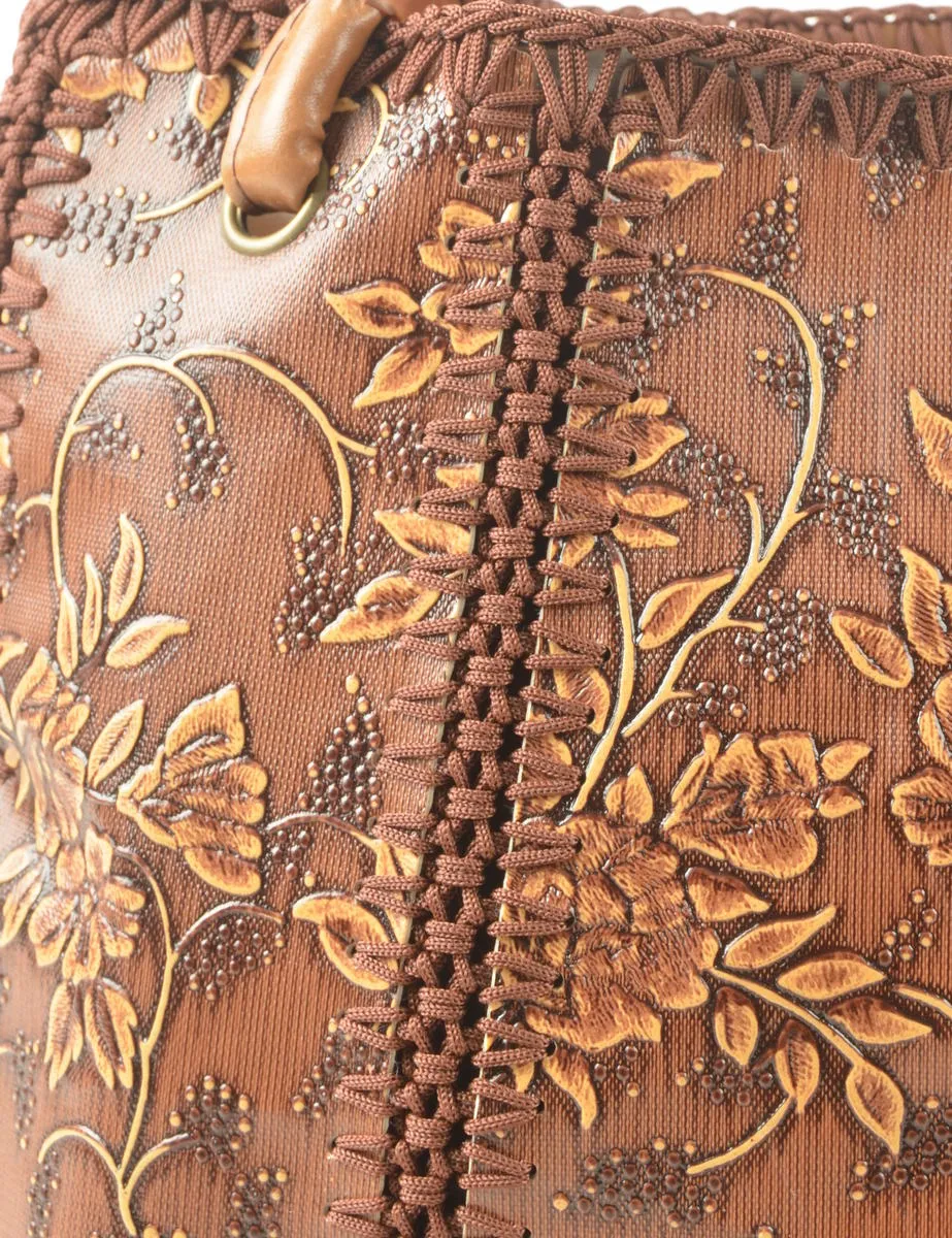 Brown Floral Design Fringed Leather Handbag - S