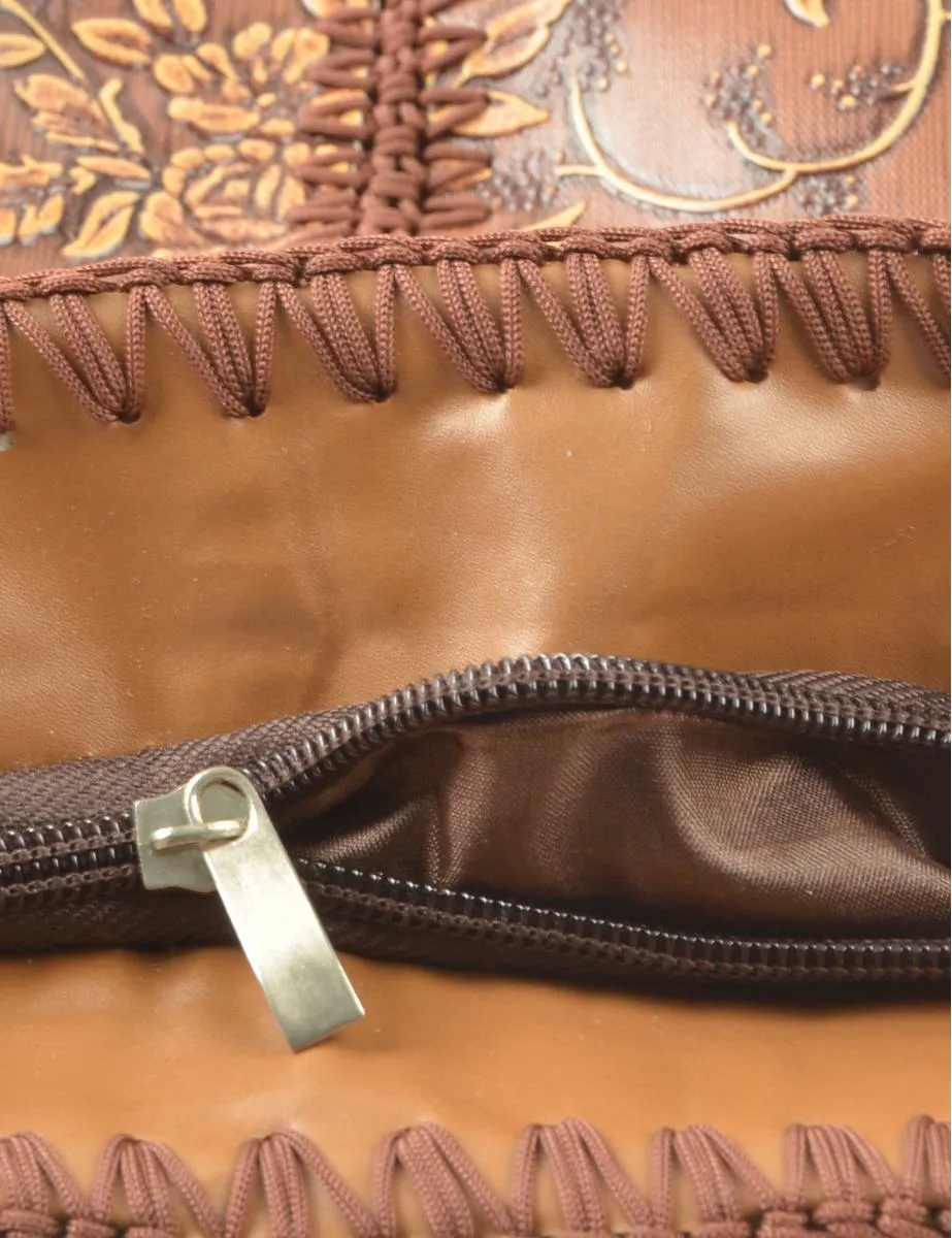 Brown Floral Design Fringed Leather Handbag - S