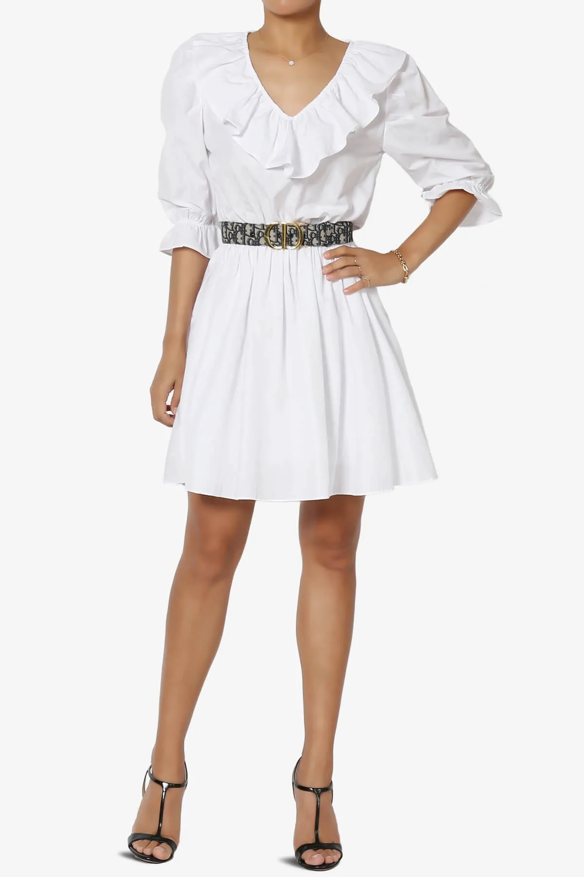 Corenne Ruffle Collar Puff Sleeve Dress in White