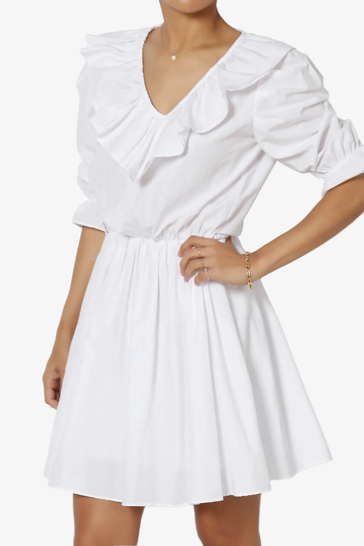 Corenne Ruffle Collar Puff Sleeve Dress in White