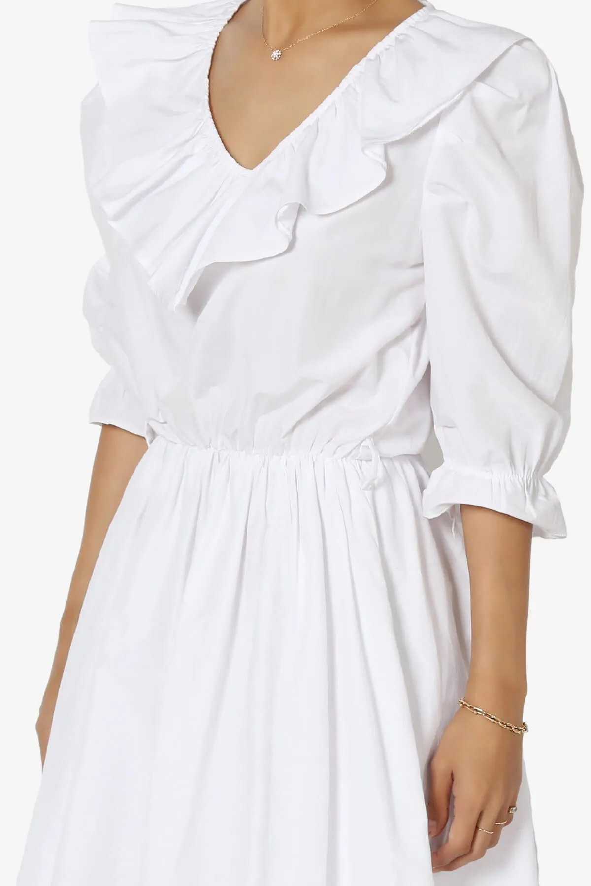 Corenne Ruffle Collar Puff Sleeve Dress in White