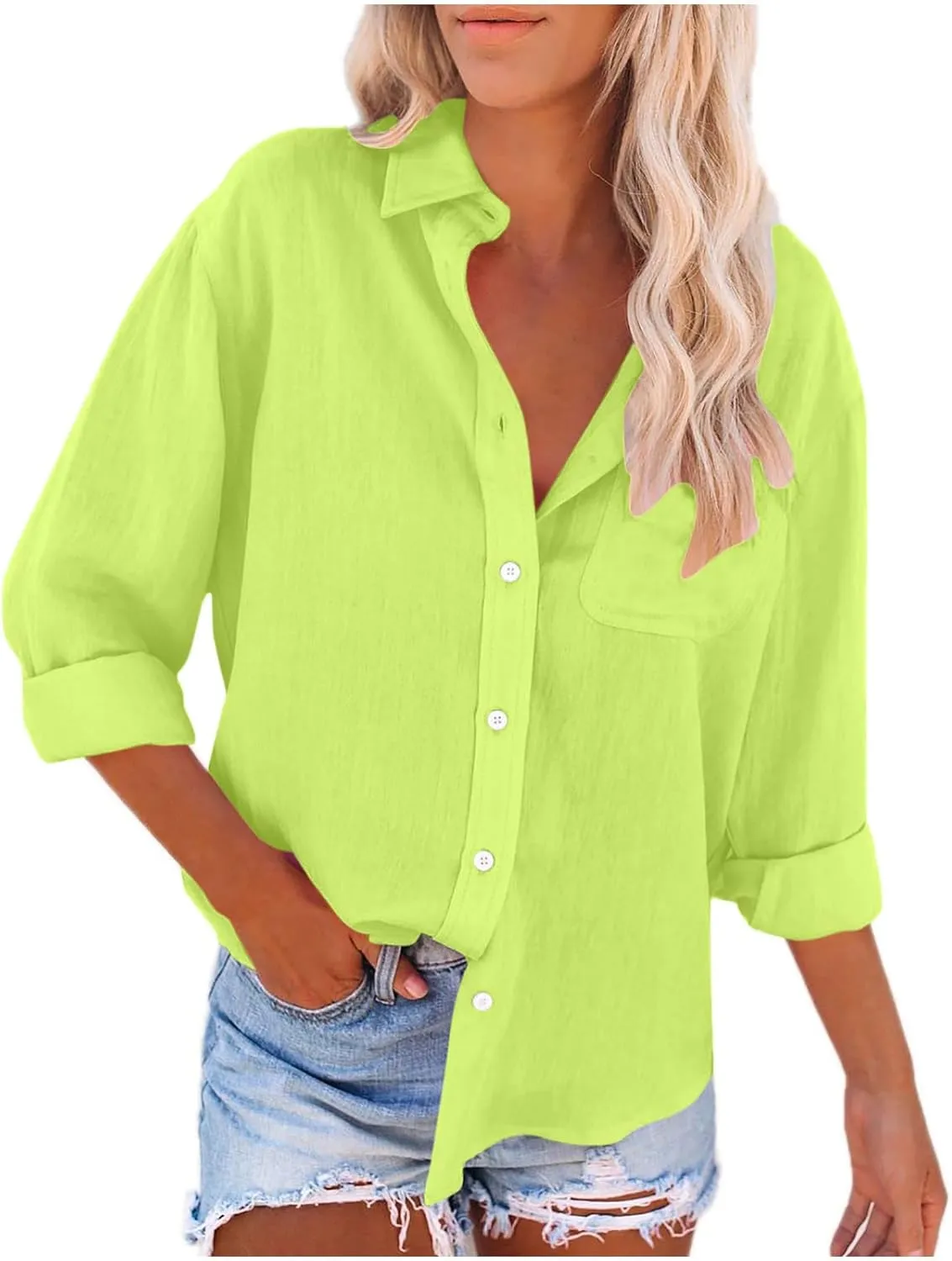 Cotton Linen Shirts for Women 2025 Trendy Long Sleeve Button Up V Neck T-Shirt Spring Summer Casual Loose Blouse Tops