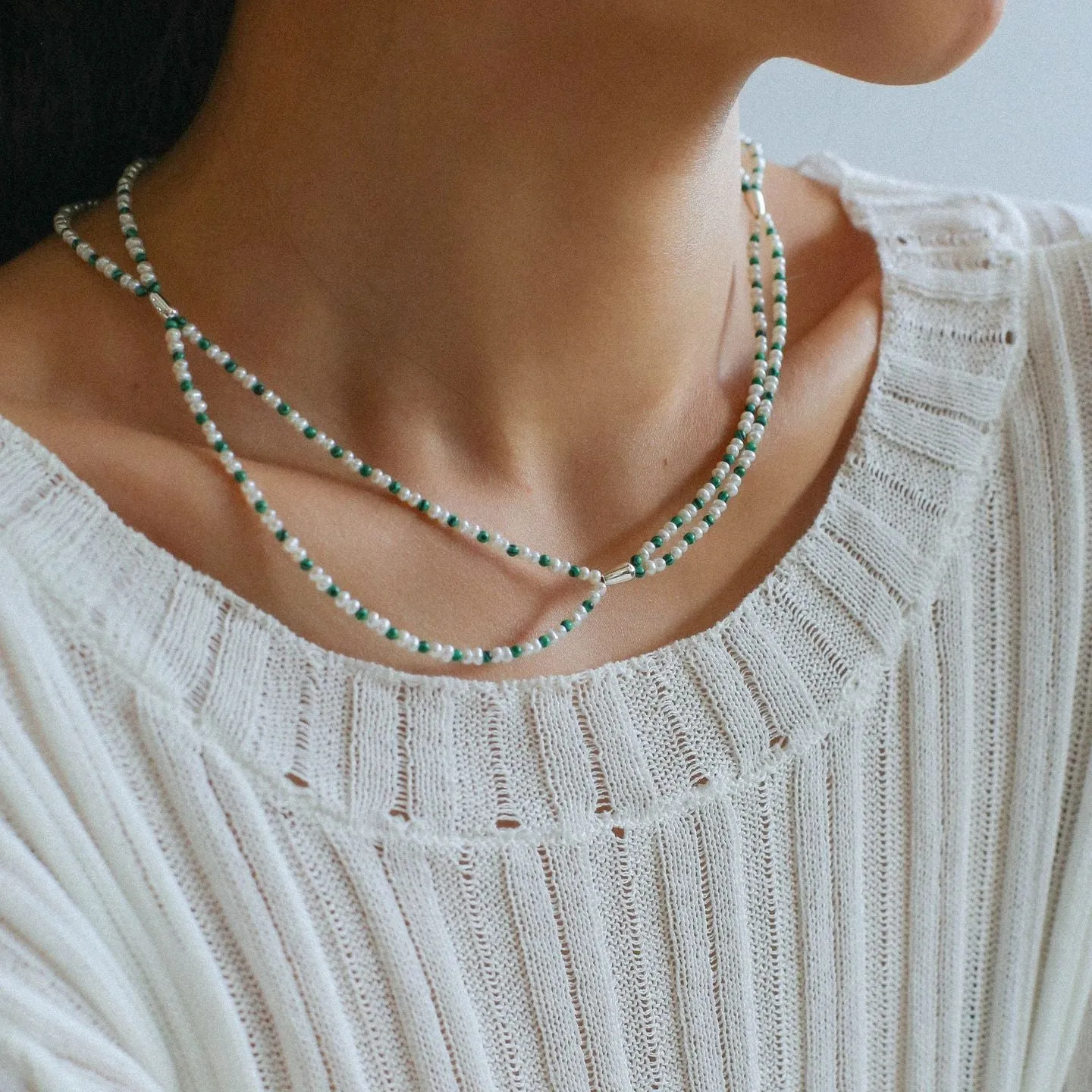 Double-Layer Necklace with Millet Pearls and Gemstone Beads
