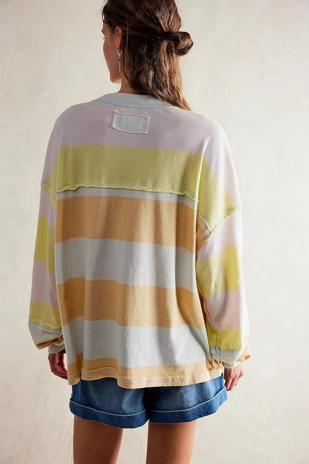 DSORVICD Women Fall Striped Oversized Shirts Y2k Casual Long Sleeve Sweatshirt Loose Crew Neck Pullover Cute Color Block Tees