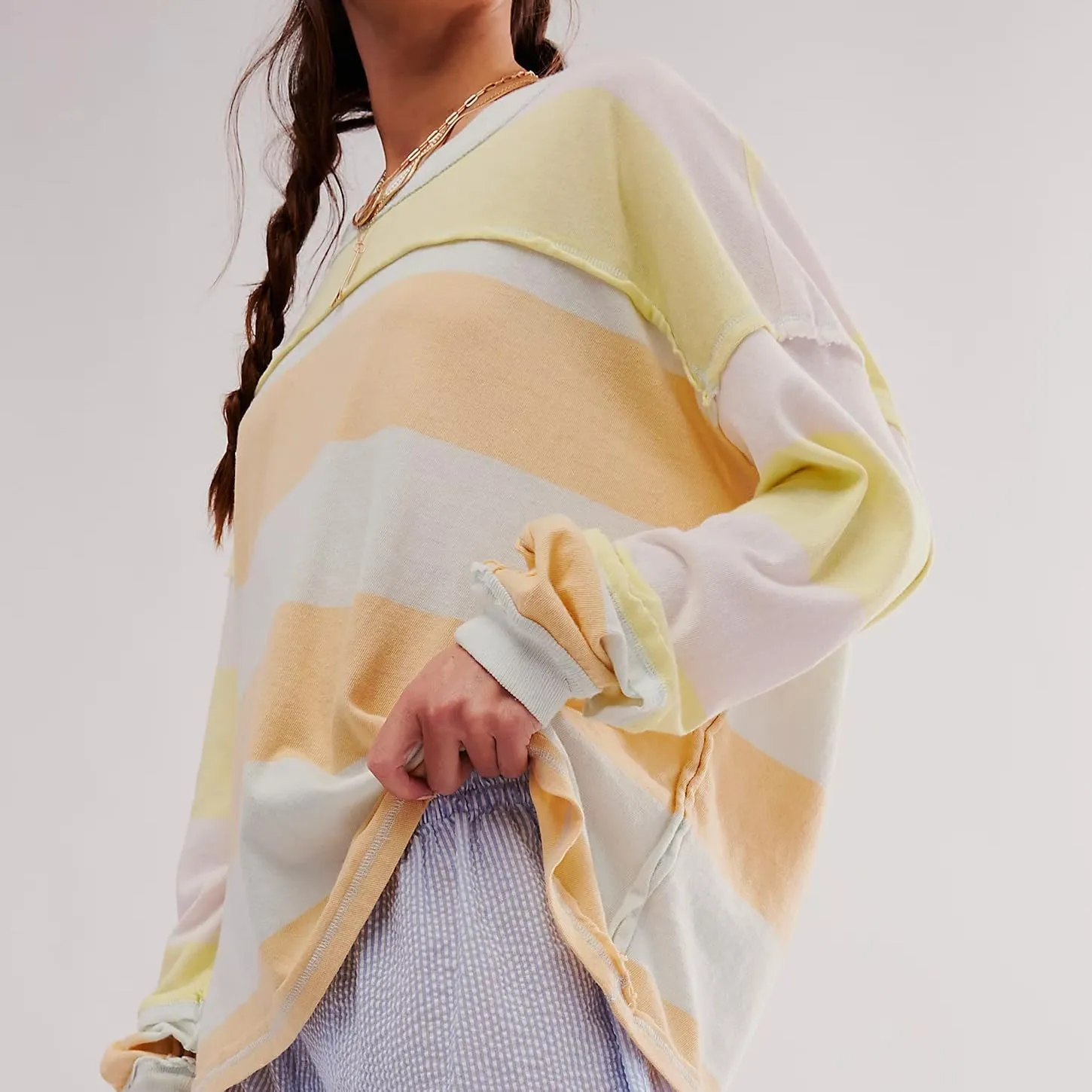 DSORVICD Women Fall Striped Oversized Shirts Y2k Casual Long Sleeve Sweatshirt Loose Crew Neck Pullover Cute Color Block Tees