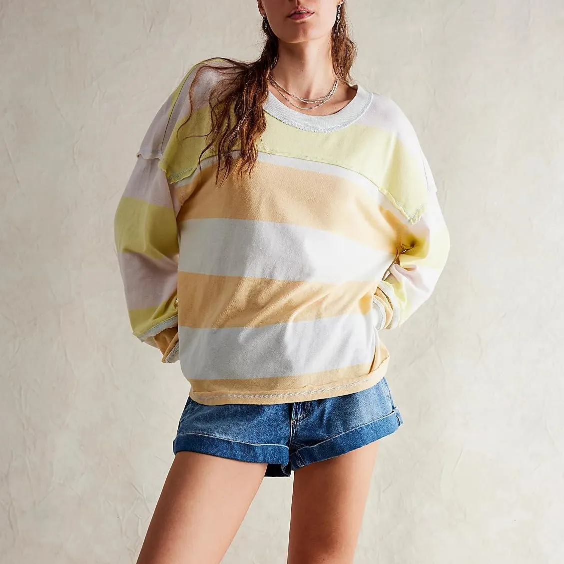 DSORVICD Women Fall Striped Oversized Shirts Y2k Casual Long Sleeve Sweatshirt Loose Crew Neck Pullover Cute Color Block Tees