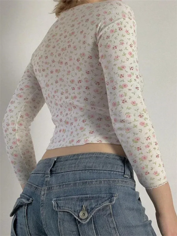 FashionSierra - Retro Round Neck Long Sleeve Floral Print Slim Fit Top Lace Trim Spring Fall Streetwear Tee
