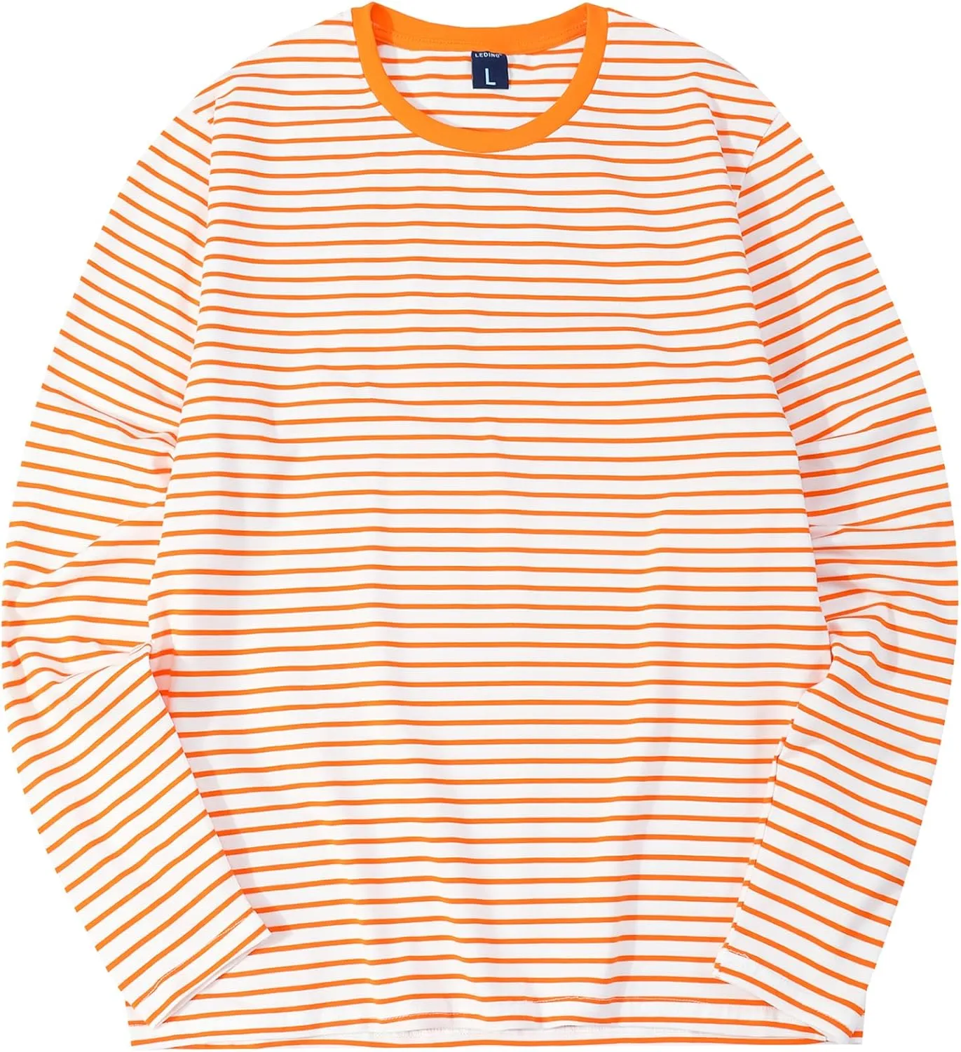 LEDING Mens Shirts Striped Cotton Spandex Crewneck Long Sleeve Black White Soft Elastic Cotton Basic Stripe tee Shirt