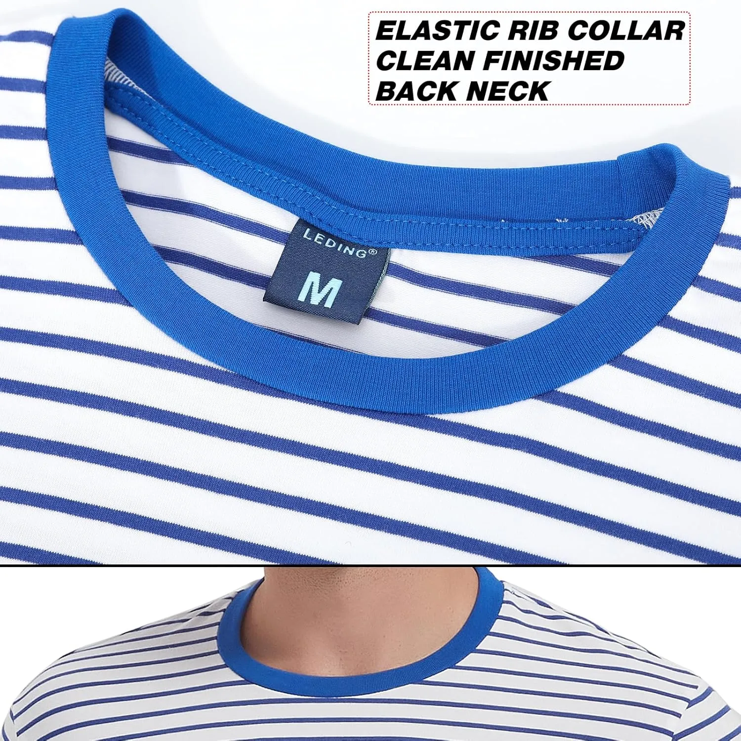LEDING Mens Shirts Striped Cotton Spandex Crewneck Long Sleeve Black White Soft Elastic Cotton Basic Stripe tee Shirt
