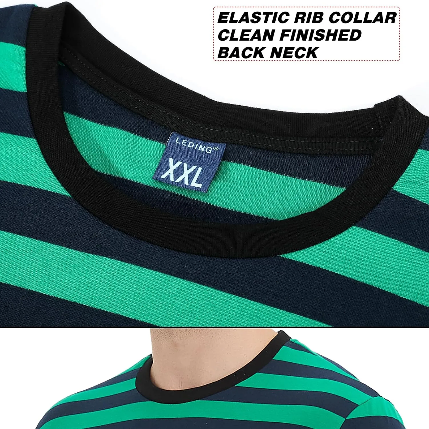 LEDING Mens Shirts Striped Cotton Spandex Crewneck Long Sleeve Black White Soft Elastic Cotton Basic Stripe tee Shirt