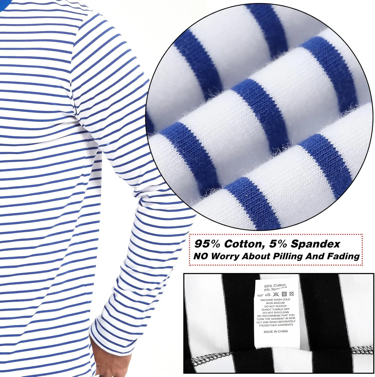 LEDING Mens Shirts Striped Cotton Spandex Crewneck Long Sleeve Black White Soft Elastic Cotton Basic Stripe tee Shirt