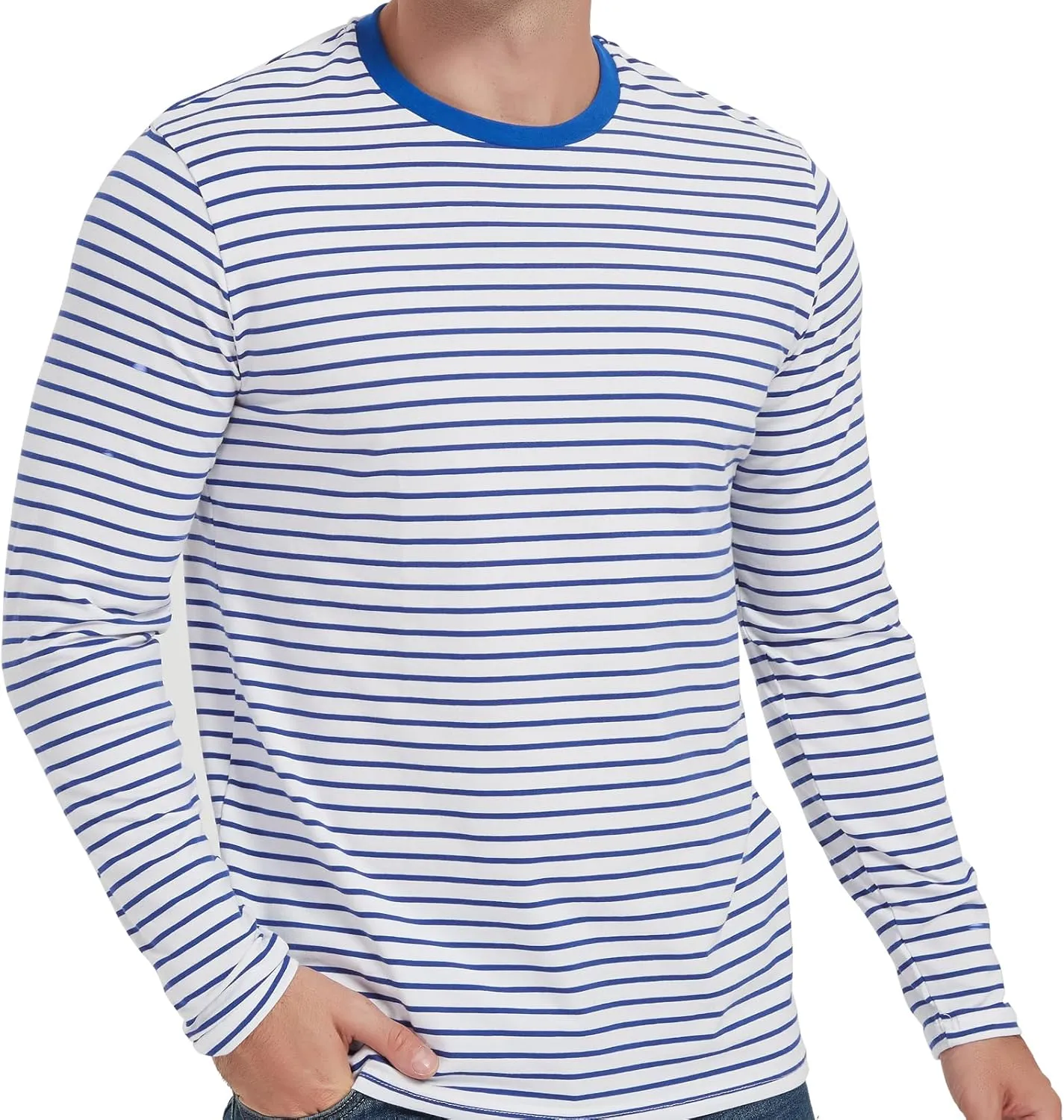 LEDING Mens Shirts Striped Cotton Spandex Crewneck Long Sleeve Black White Soft Elastic Cotton Basic Stripe tee Shirt