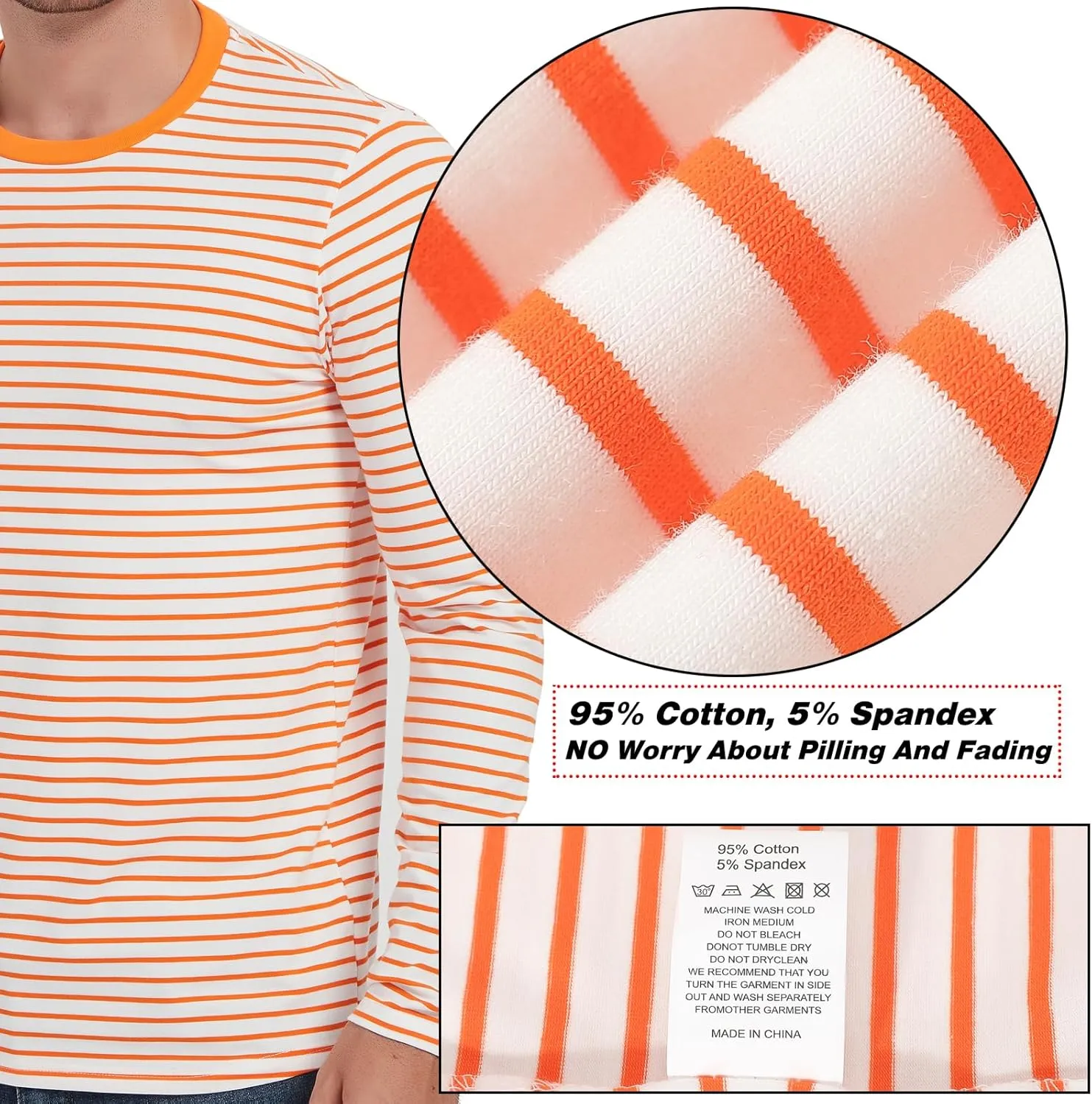 LEDING Mens Shirts Striped Cotton Spandex Crewneck Long Sleeve Black White Soft Elastic Cotton Basic Stripe tee Shirt