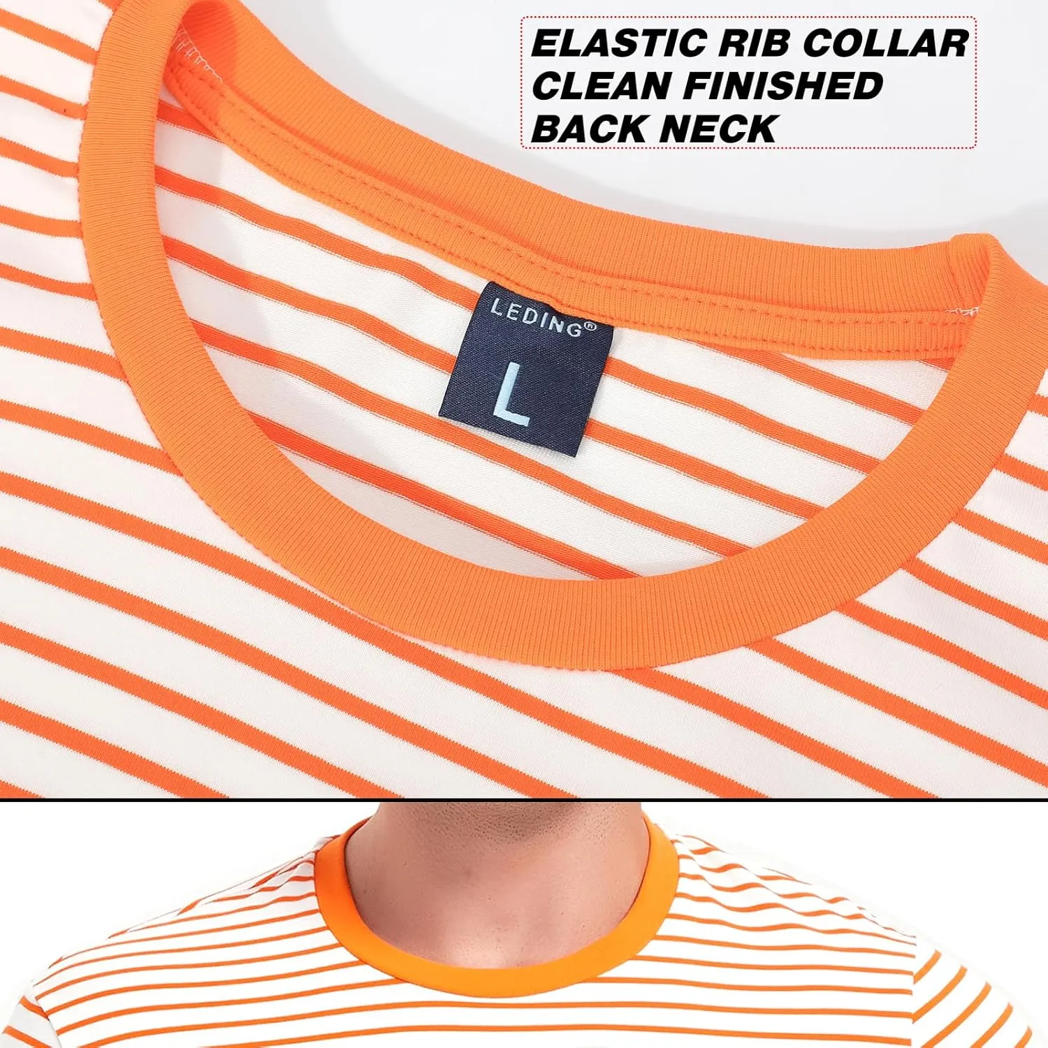 LEDING Mens Shirts Striped Cotton Spandex Crewneck Long Sleeve Black White Soft Elastic Cotton Basic Stripe tee Shirt