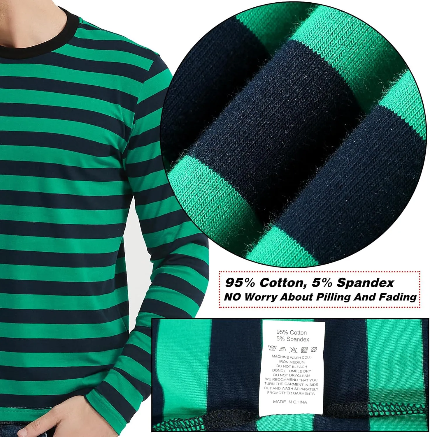 LEDING Mens Shirts Striped Cotton Spandex Crewneck Long Sleeve Black White Soft Elastic Cotton Basic Stripe tee Shirt