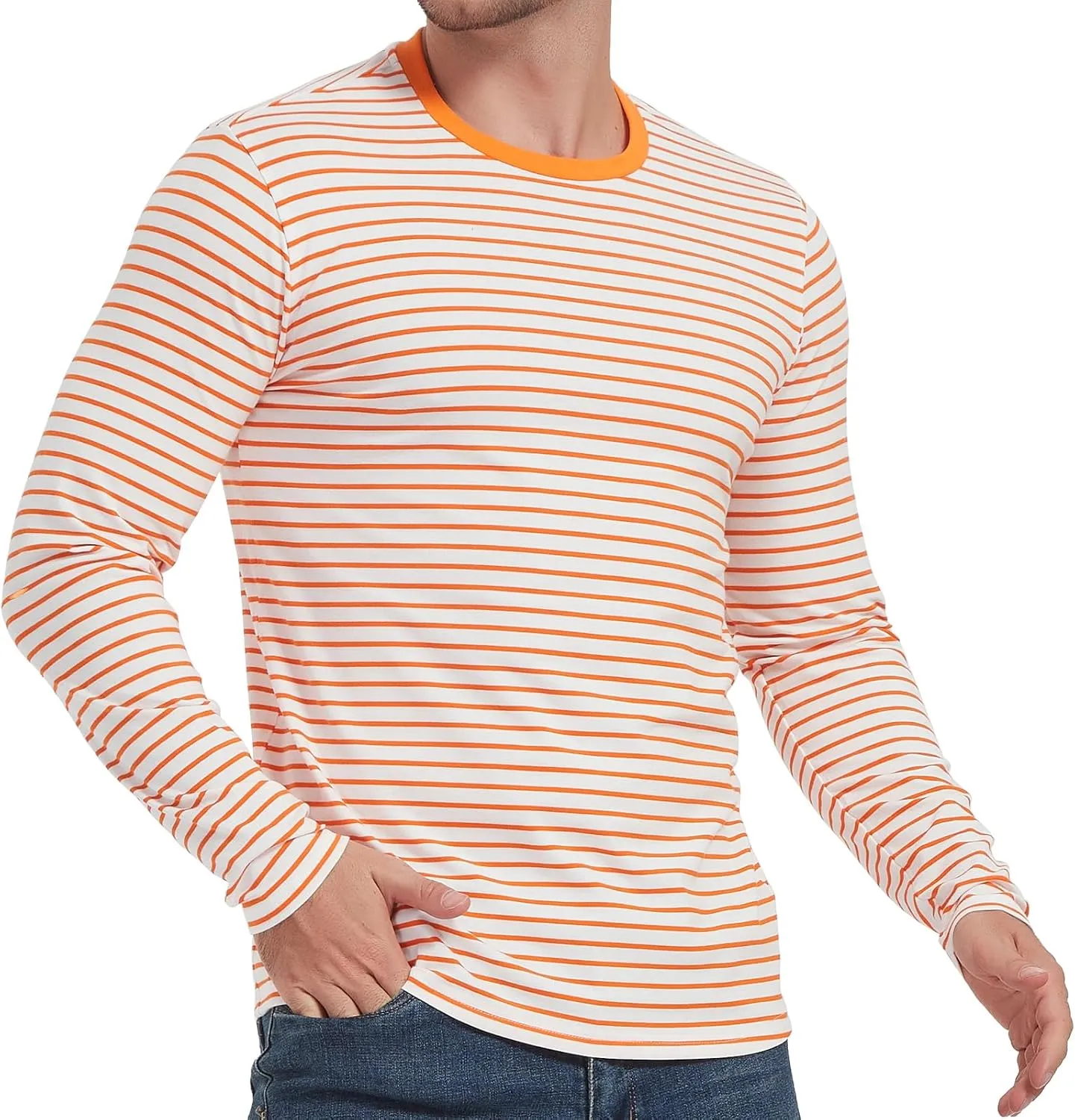 LEDING Mens Shirts Striped Cotton Spandex Crewneck Long Sleeve Black White Soft Elastic Cotton Basic Stripe tee Shirt