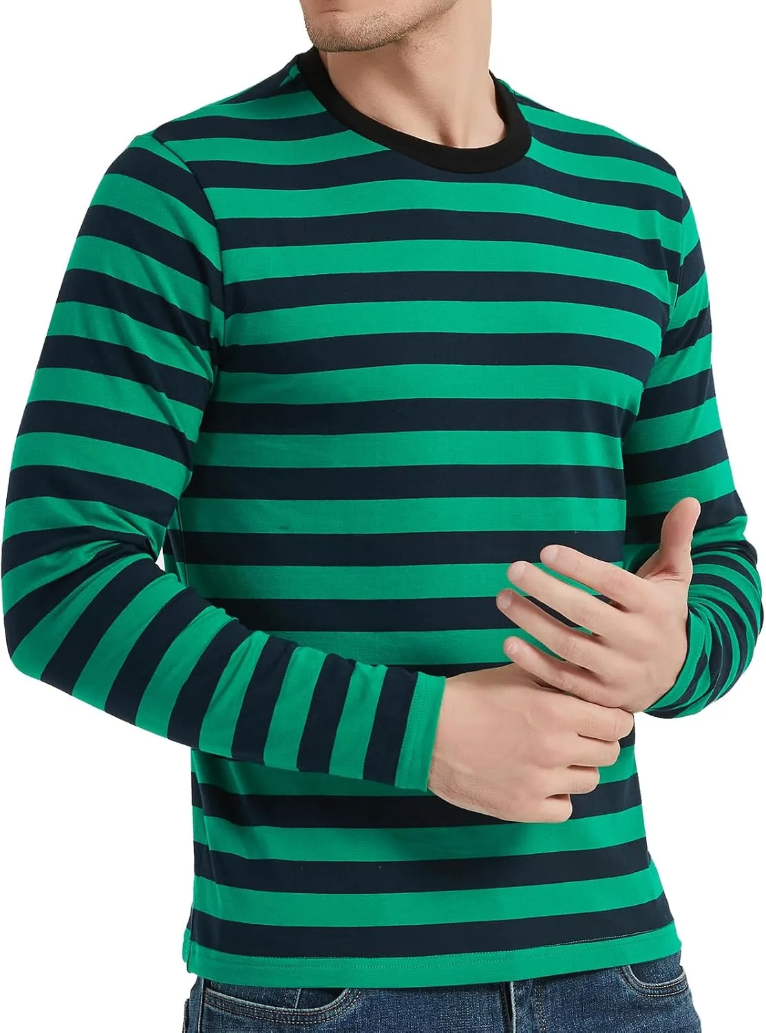 LEDING Mens Shirts Striped Cotton Spandex Crewneck Long Sleeve Black White Soft Elastic Cotton Basic Stripe tee Shirt