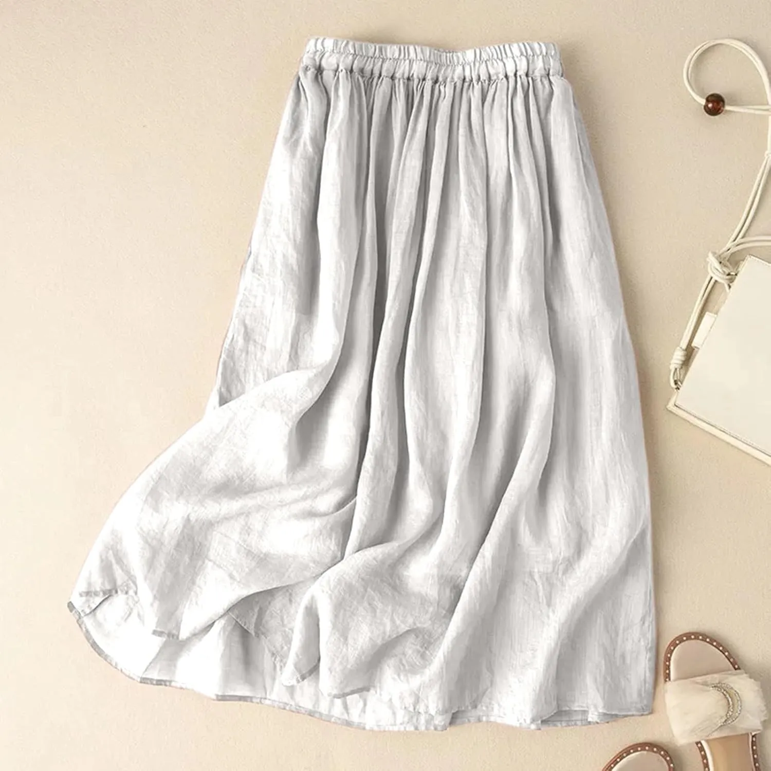 Linen Maxi Skirt for Women Flowy Elastic Waist Boho Long A-Line Skirts Peasant Summer Vacation Skirt 2025 Trendy