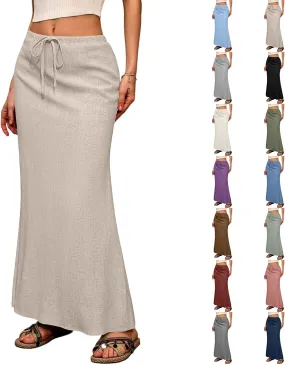 Linen Maxi Skirts for Women 2025 Summer Drawstring Low Rise A Line Skirts Cute Comfy Vacation Boho Long Fishtail Skirt