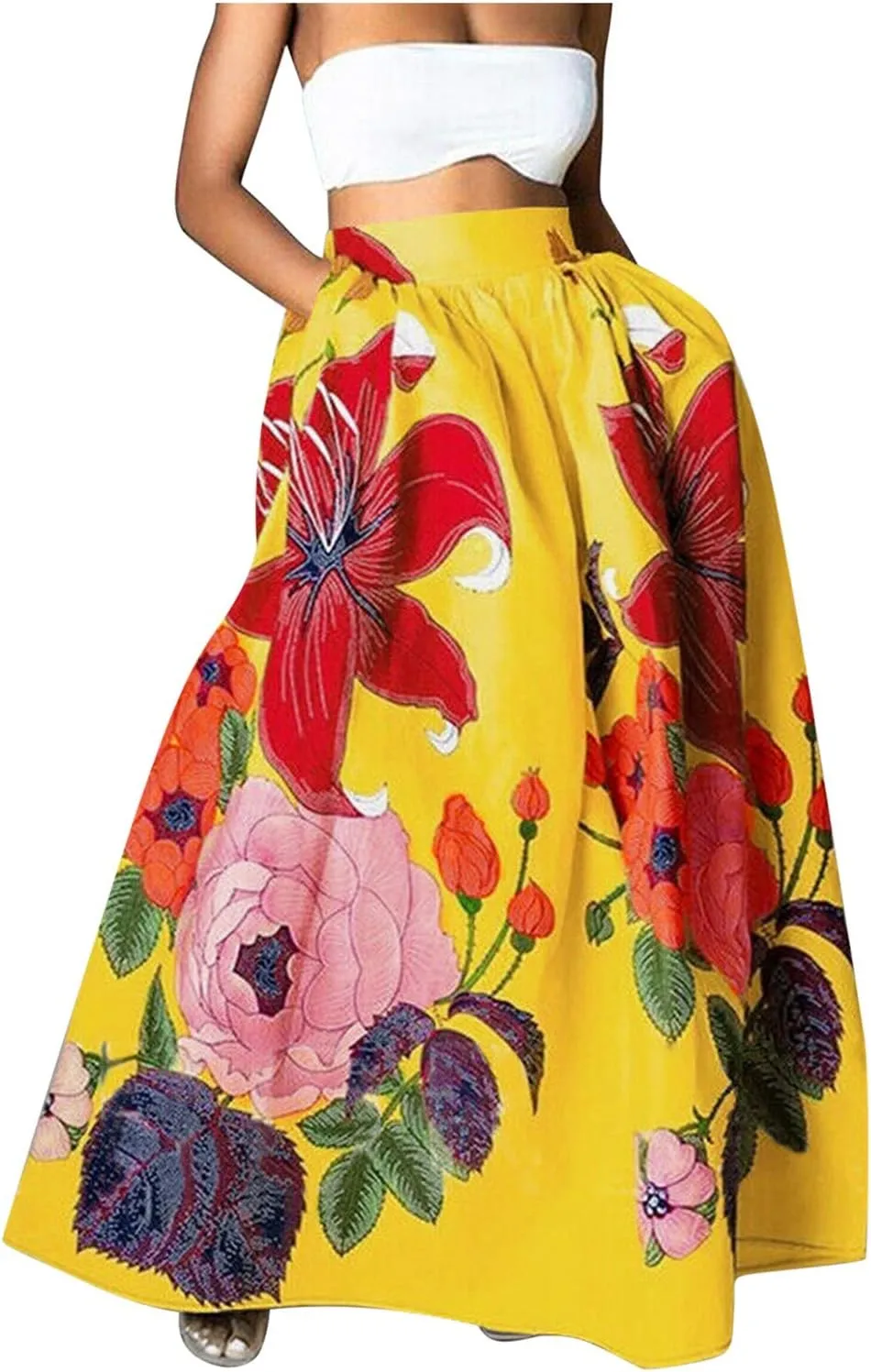 Long Skirts for Women Elastic High Waist Boho Skirt Vintage Floral Print A Line Ankle Length Maxi Skirts with Pockets