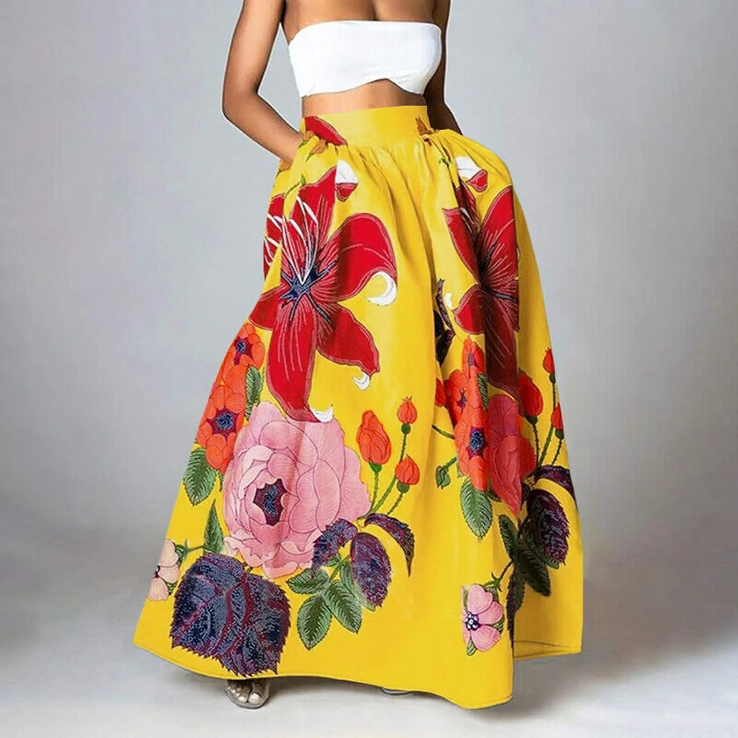 Long Skirts for Women Elastic High Waist Boho Skirt Vintage Floral Print A Line Ankle Length Maxi Skirts with Pockets