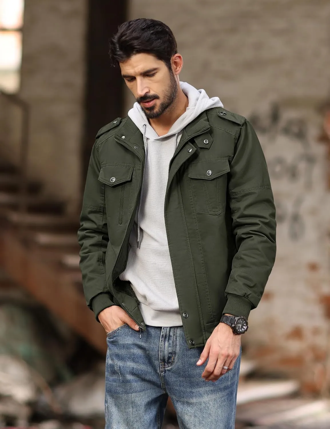 MAGCOMSEN Mens Winter Jacket Fleece Lined Work Jackets Waxed Canvas Shirt Jackets Warm Sherpa Trucker Military Jacket