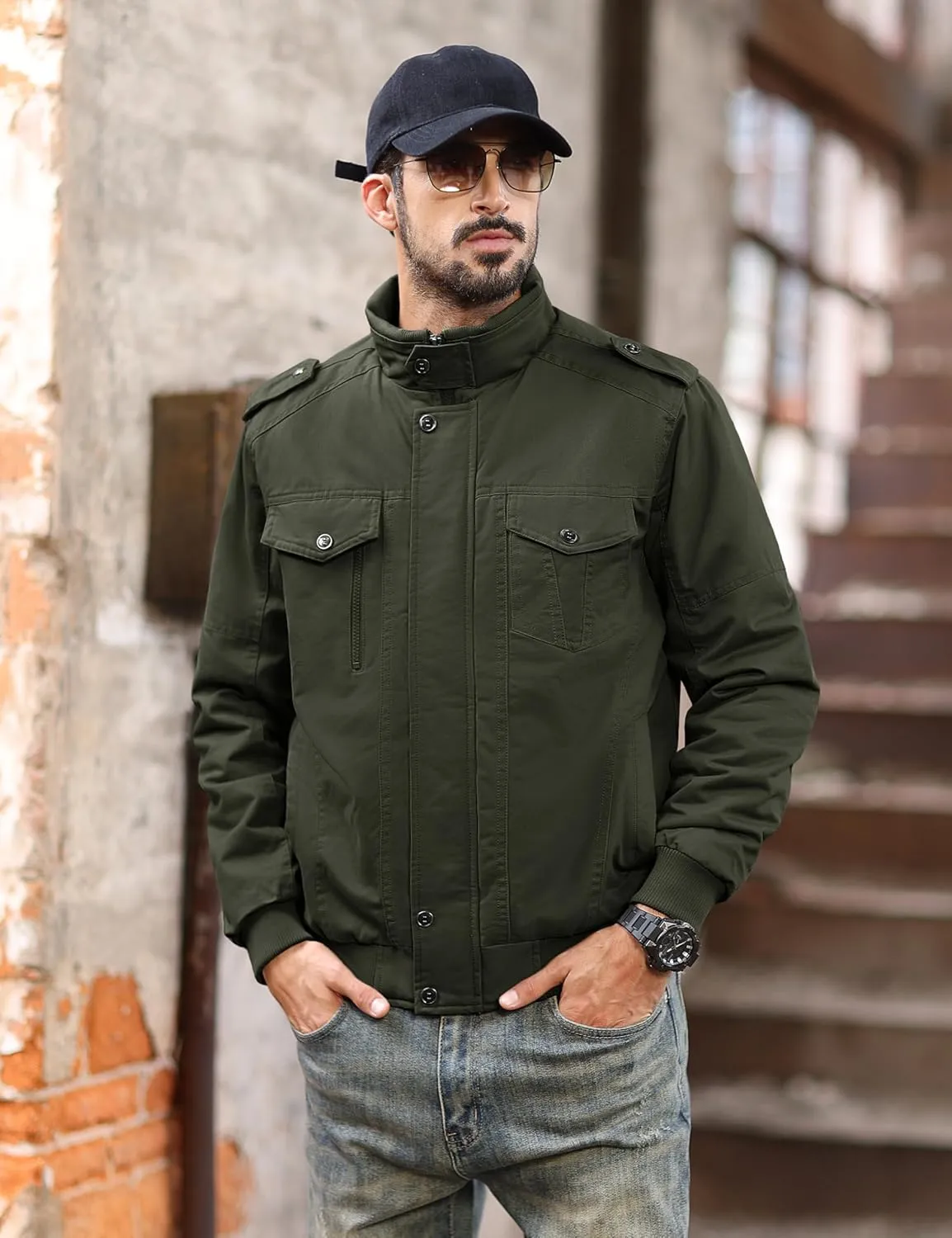 MAGCOMSEN Mens Winter Jacket Fleece Lined Work Jackets Waxed Canvas Shirt Jackets Warm Sherpa Trucker Military Jacket