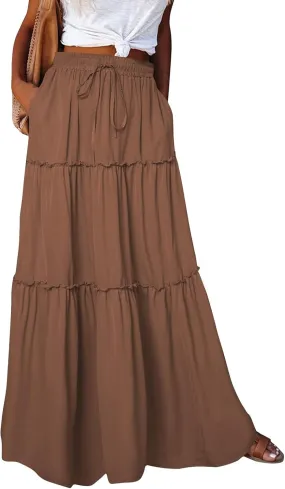 Maxi Skirts for Women Summer Floral Elastic High Waist Drawstring Tropical Skirts Pleated A-Line Tiered Long Skirt