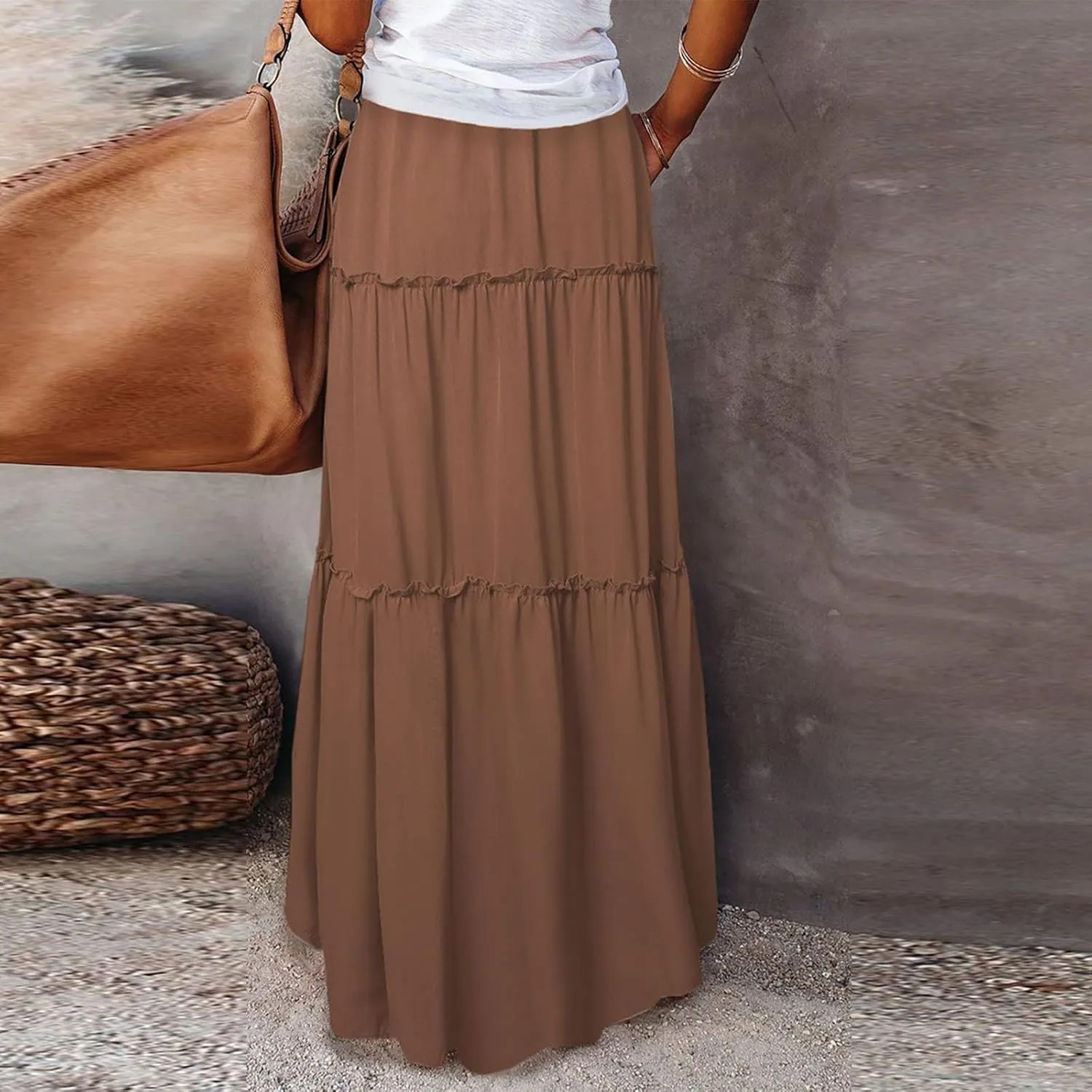Maxi Skirts for Women Summer Floral Elastic High Waist Drawstring Tropical Skirts Pleated A-Line Tiered Long Skirt