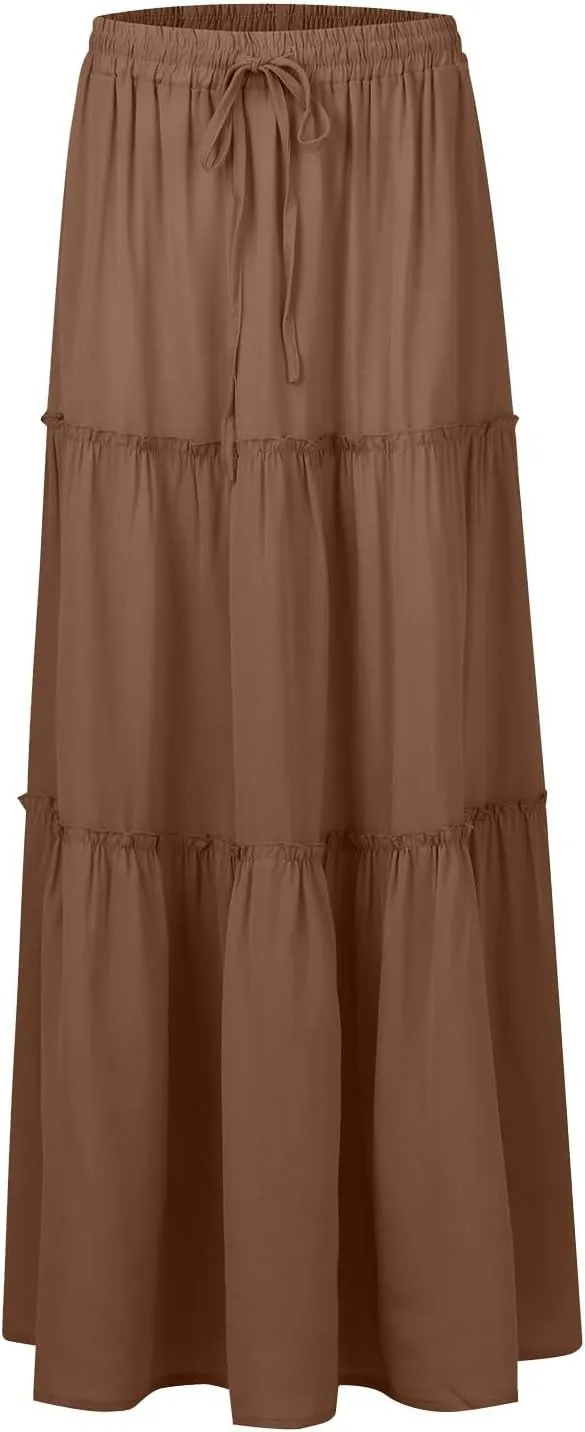Maxi Skirts for Women Summer Floral Elastic High Waist Drawstring Tropical Skirts Pleated A-Line Tiered Long Skirt