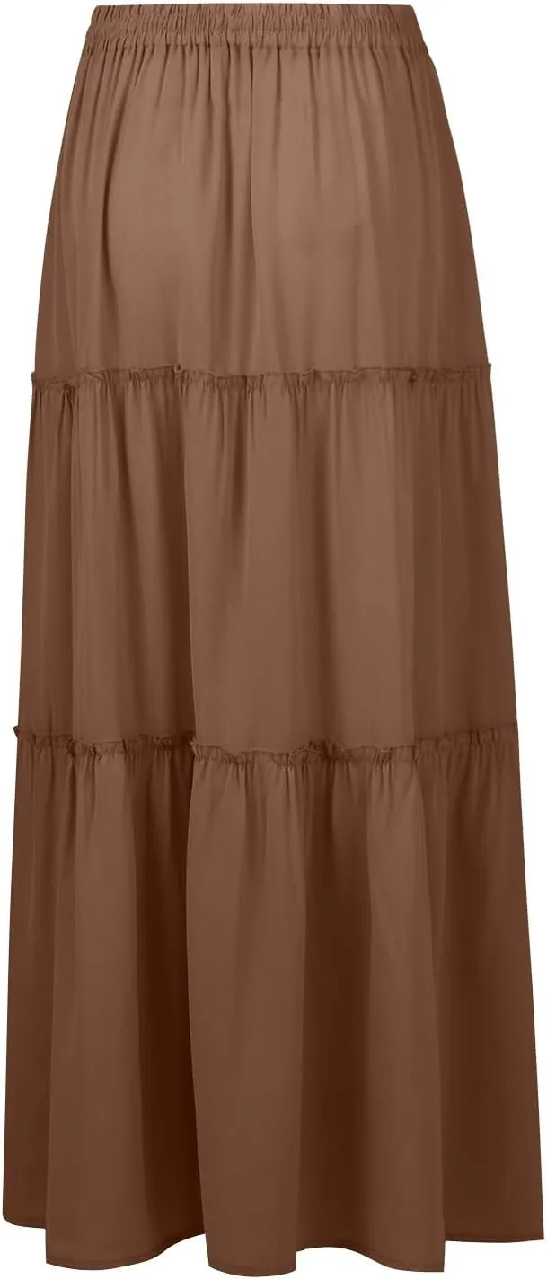 Maxi Skirts for Women Summer Floral Elastic High Waist Drawstring Tropical Skirts Pleated A-Line Tiered Long Skirt