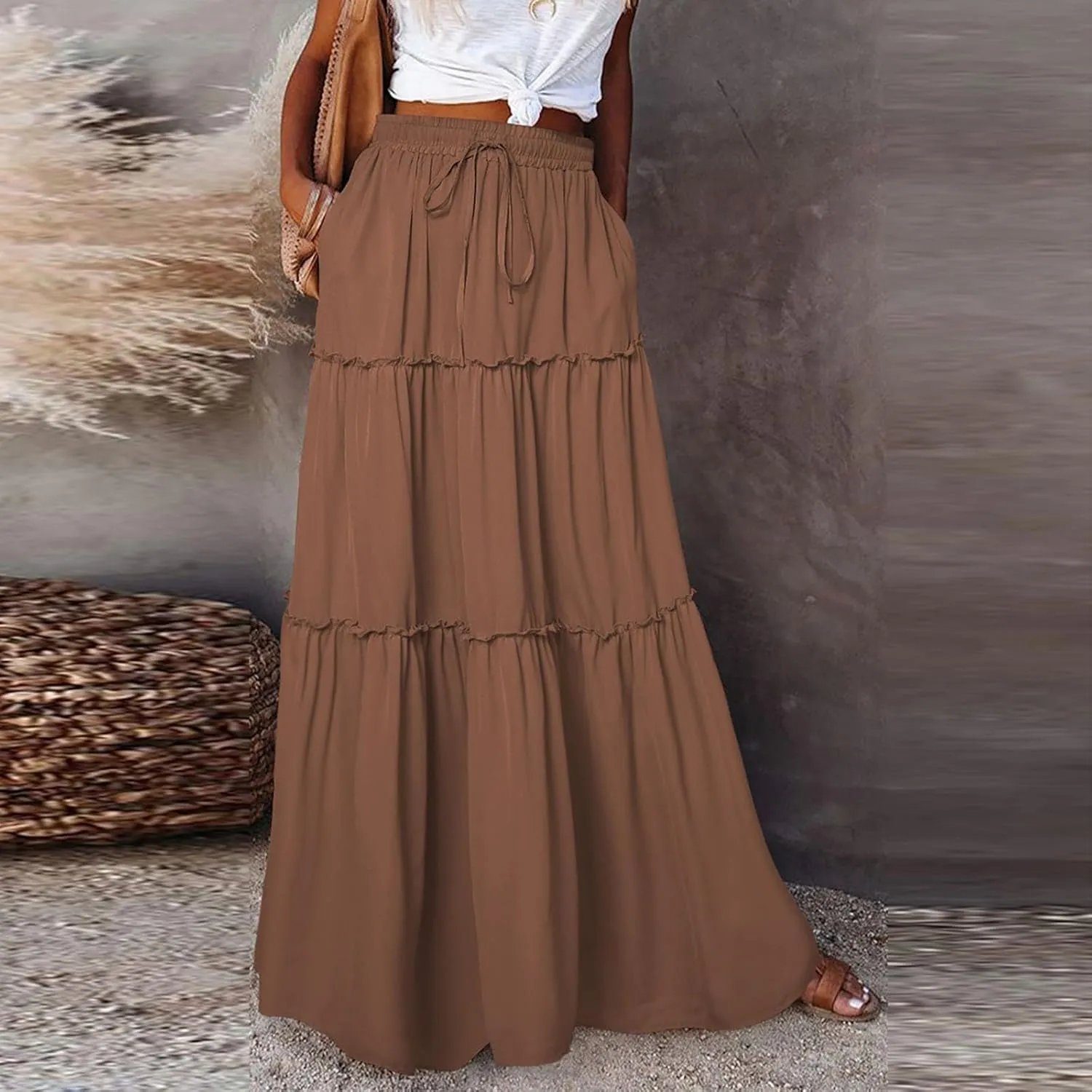 Maxi Skirts for Women Summer Floral Elastic High Waist Drawstring Tropical Skirts Pleated A-Line Tiered Long Skirt