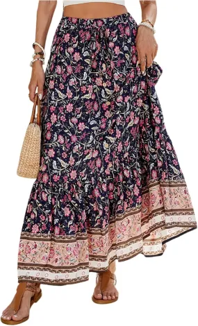 Maxi Skirts,Casual Flowy Skirts for Women 2025 Trendy Beach Vacation Long Boho Skirt Spring Summer Elastic Waist