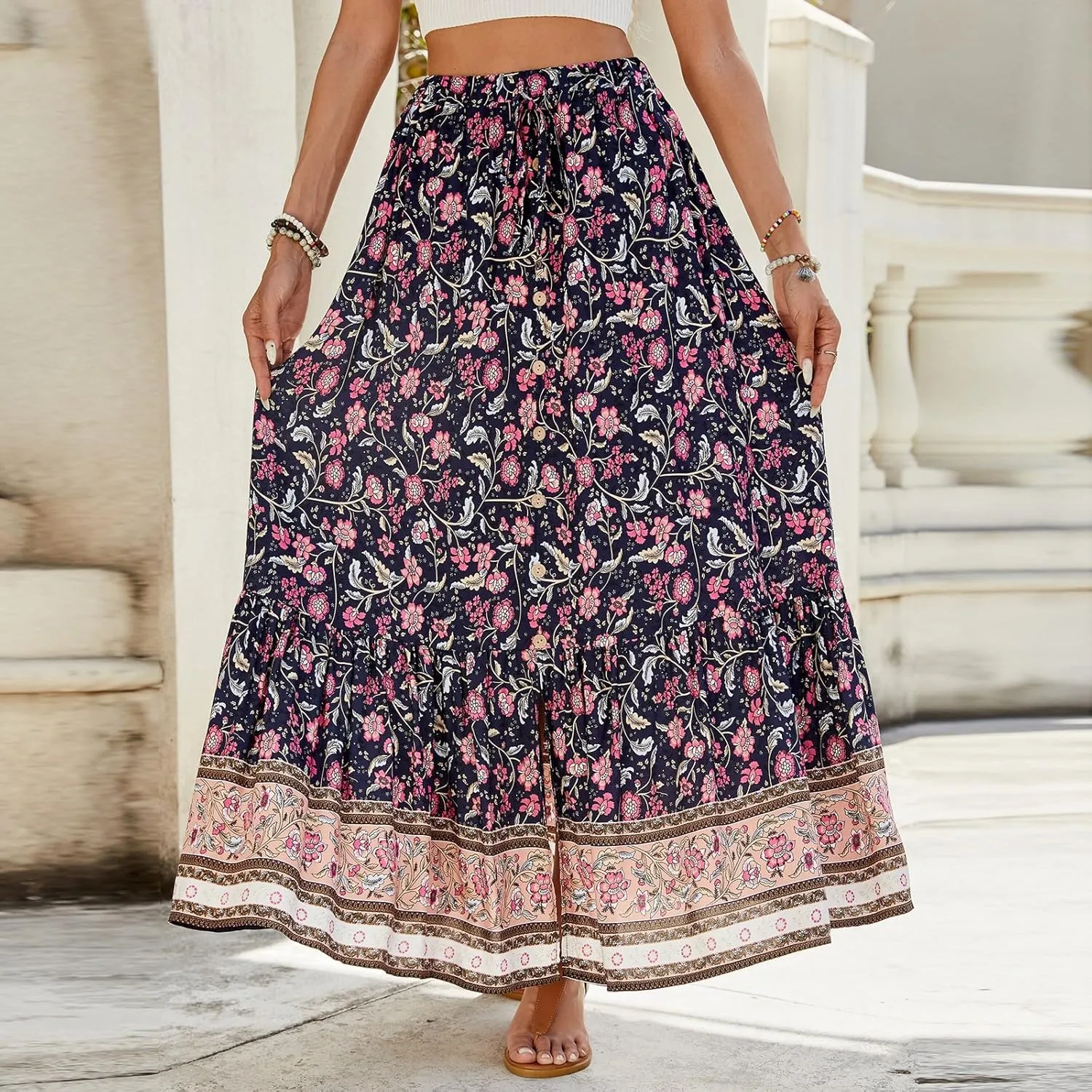 Maxi Skirts,Casual Flowy Skirts for Women 2025 Trendy Beach Vacation Long Boho Skirt Spring Summer Elastic Waist