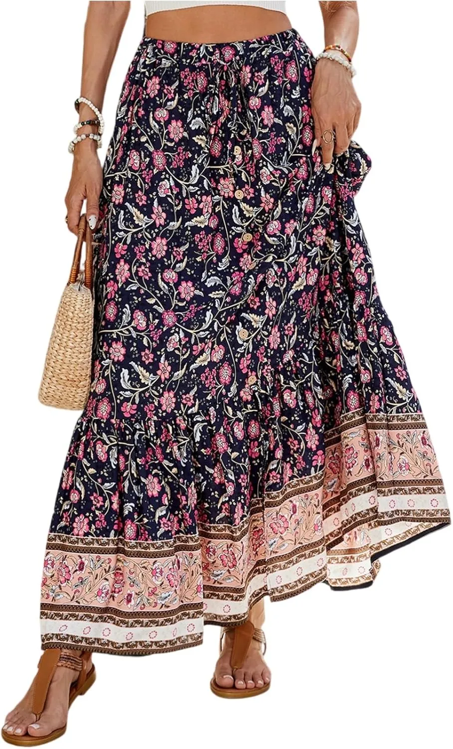 Maxi Skirts,Casual Flowy Skirts for Women 2025 Trendy Beach Vacation Long Boho Skirt Spring Summer Elastic Waist