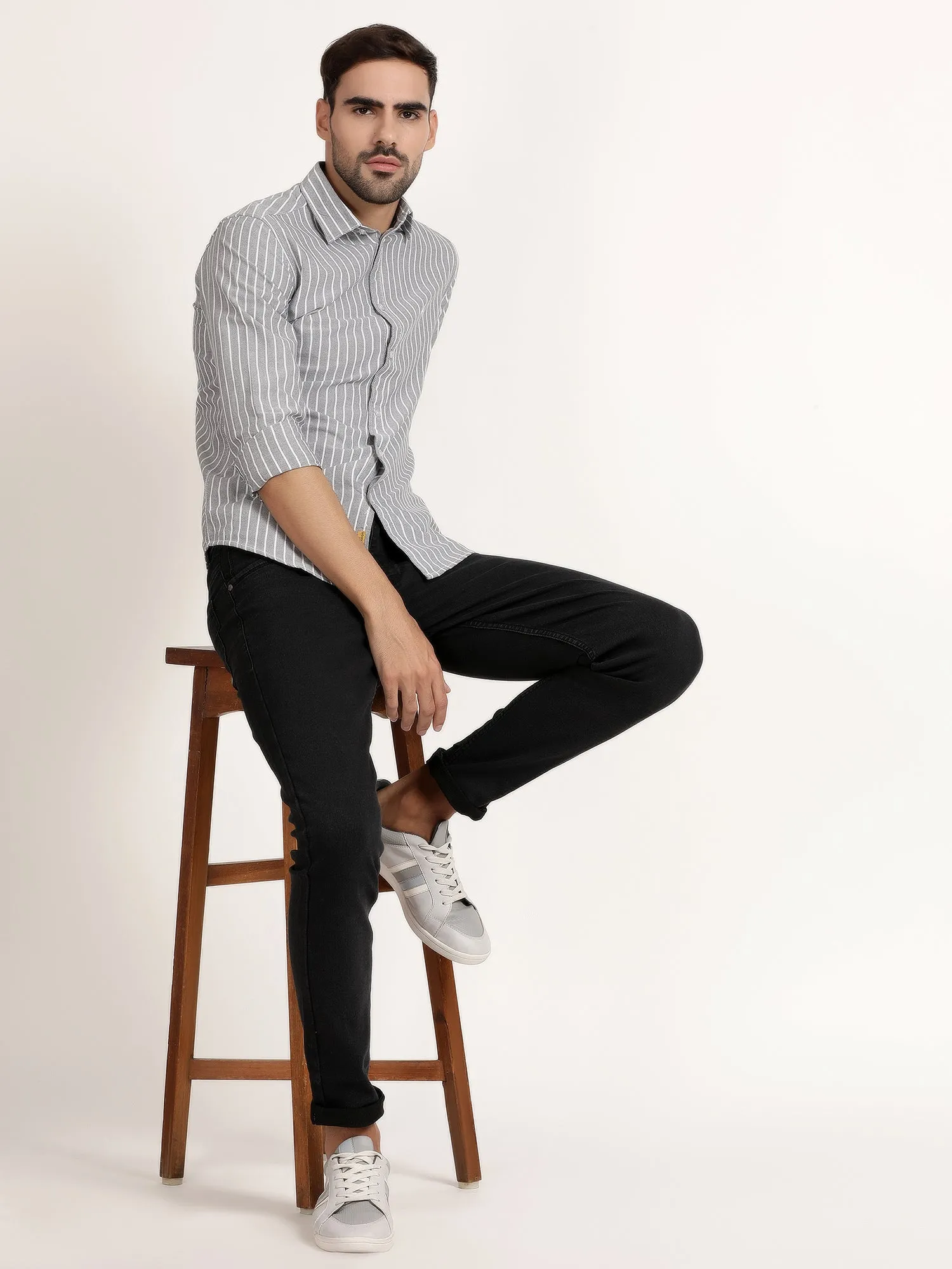 Men Grey Striped Casual Shirt (GBRJ6007)