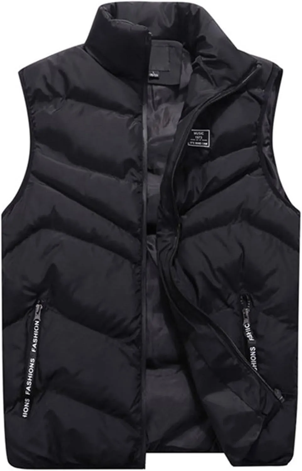 Men Puffer Vest Autumn and Winter Fashion Casual Solid Color Zipper Collar Sleeveless Cotton Padded Vest Jacket Pockets