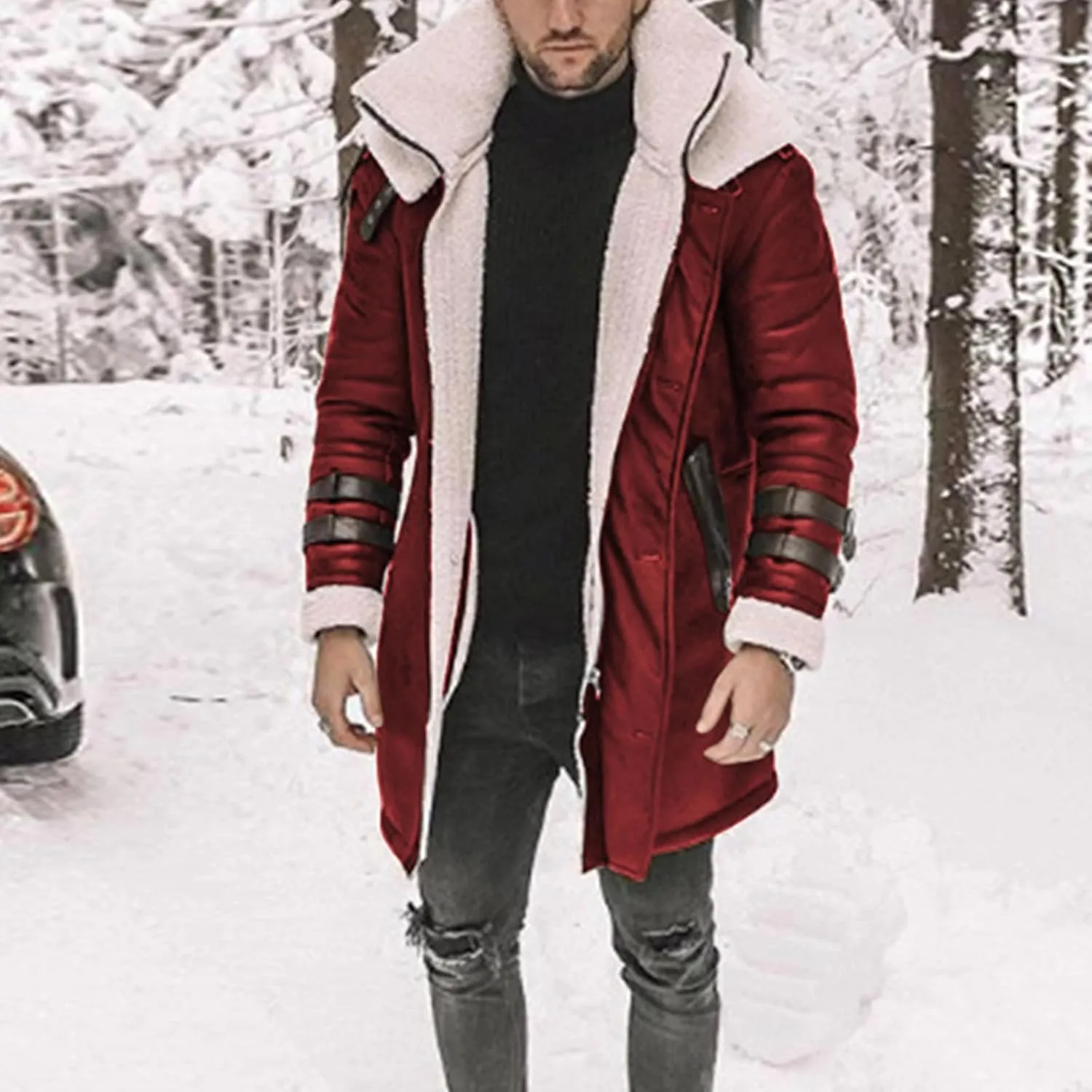Mens Faux Lambskin Swedish Bomber Coat Long Jackets Fleece Sherpa Lined Leather Jacket Fur Coats for Men