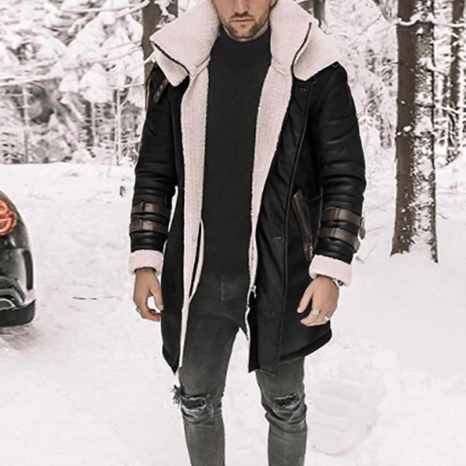 Mens Faux Lambskin Swedish Bomber Coat Long Jackets Fleece Sherpa Lined Leather Jacket Fur Coats for Men