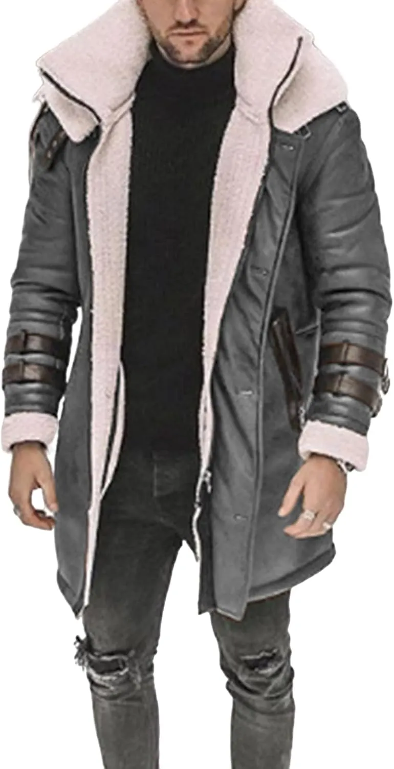 Mens Faux Lambskin Swedish Bomber Coat Long Jackets Fleece Sherpa Lined Leather Jacket Fur Coats for Men